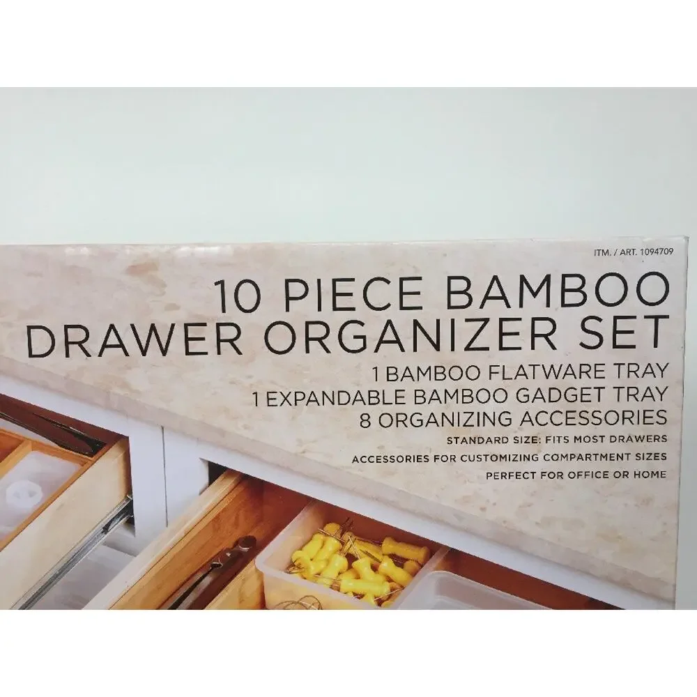 Sabatier 10 Piece Bamboo Flatware Drawer Organizer Expandable Gadget Tray NIB